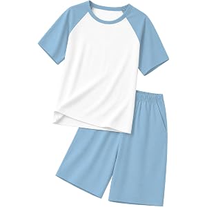 Schbbbta Boys Pajamas Set Two Piece Cotton Sleepwear Kids Short Sleeve Top and Shorts PJS Set with Pockets 5-14 Years
