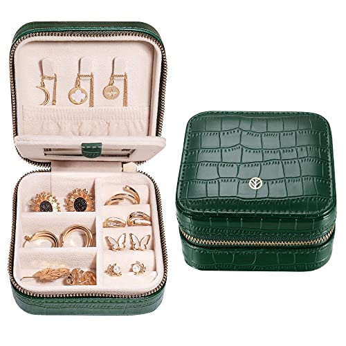 S.Leaf Travel Jewelry Organizer Boxes for Women Small Portable Necklace Earrings Bracelet Rings Travel Case Best Friend Birthday Gifts for Women Trendy (09_Pattern_Crocodile_Emerald)