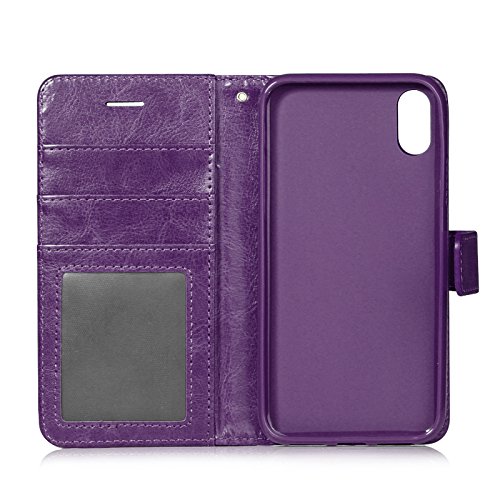 iPhone X Case, HLCT PU Leather Wallet Case, With Soft TPU Protective Bumper, Built-In Stand Kickstand, Cash And Card Pockets (Purple)