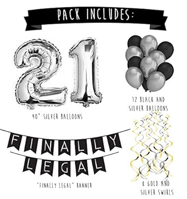 21st Birthday Party Pack â€“ Black & Silver Happy Birthday Bunting, Poms, and Swirls Pack- Birthday Decorations - 21st Birthday Party Supplies