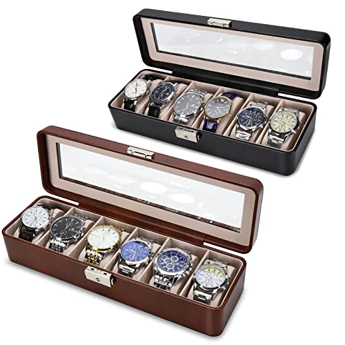 BareTulip 【2 Pack】 Watch Box Organizer for Men and Women Watch Case Holder 6 Slot Watch Box Pu Leather Watch Display with Glass Window and Lock Black and Brown