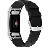 iGK For Fitbit Charge 2 Bands, Genuine Leather Replacement Bands for Fitbit Charge 2 New Black Flat-end with Metal Connectors