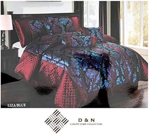 D & N Collection Luxury Jacquard 7 Piece Bedspreads Comforter Set Bedding Bed Sets Included Bedspread 2 Pillow Cases Valance Sheet Filled Cushion Filled Decorative Pillow Filled Neck Roll (Two Tone Burgundy & Blue, King)