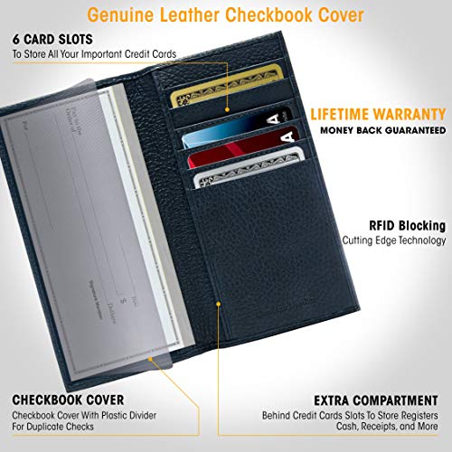 Genuine Leather Checkbook Cover For Women & Men - Checkbook Holder Check Book Covers For Duplicate Checks Card Wallet RFID - Thumbnail 3