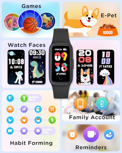 BIGGERFIVE Vigor 3 Kids Fitness Tracker Watch, AMOLED Screen, No App No Phone Needed, 3ATM Waterproof, Heart Rate and Sleep Monitor, Pedometer, Step Counter Smart Watch for Boys Girls Age 5-15, Black