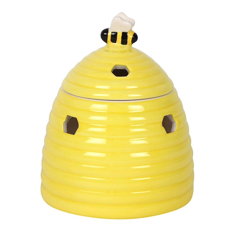 Cheerful Yellow Beehive Oil Burner - 14cm x 11cm (1 Pc.) - Adorable Ceramic Design with Sweet Bee Lid, Honeycomb Cutouts - Compatible with Fragrance Oils and Wax Melts