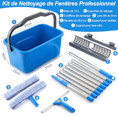 Window Cleaning Kit, 3.25 m Telescopic Window Washer Including 12L Bucket, Professional Window Cleaning with Silicone Squeegee, Microfibre Brush and Holder for Home and Commercial Use
