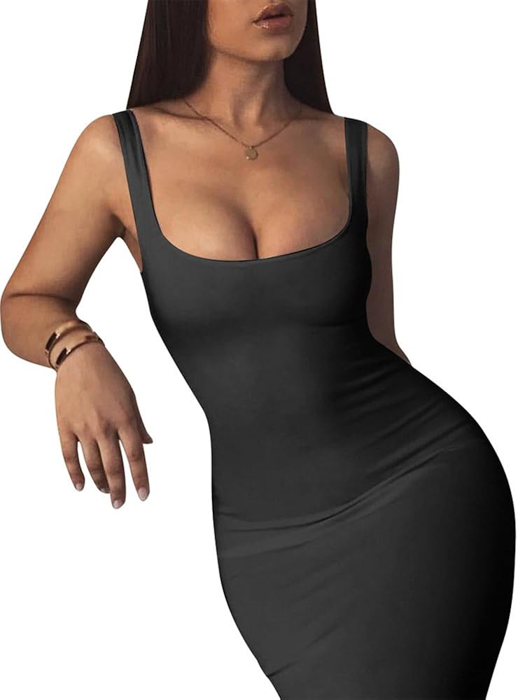LAGSHIAN Women's Sexy Bodycon Tank Dress Sleeveless Basic Midi Club Dresses: Clothing