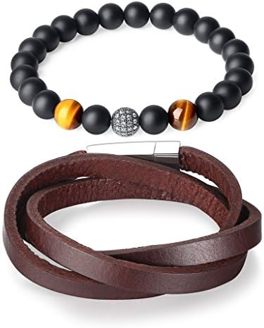 AmorFeel 2 Pack Multilayer Leather Bracelet and Matte Onyx Tiger Eye Beads Mala Bracelet