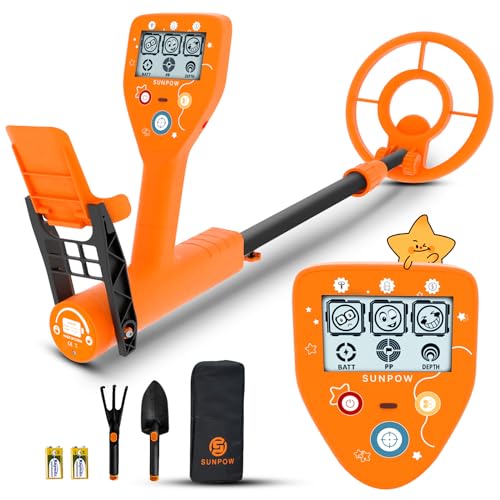 SUNPOW Metalldetektor für Kinder - 3 Modelle (All Metal/Disc/Pinpoint Mode)-Exklusive Cartoon-LCD-Anzeige, IP68 wasserdichte Spule, Unisex Design, 81-102 cm Ver