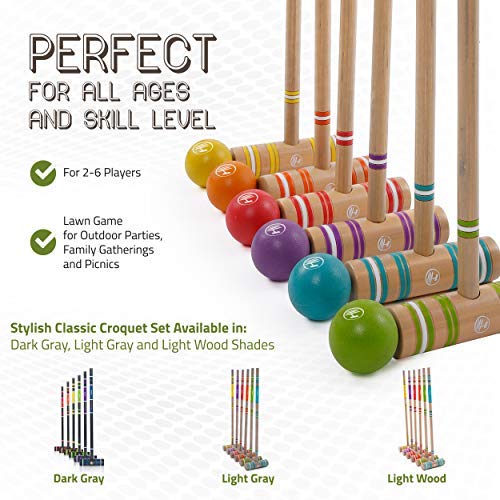 Harvil 6-Player Croquet Set for All Ages with Mallets, Balls, Stake Posts, Wickets, and Carrying Case - Light Wood