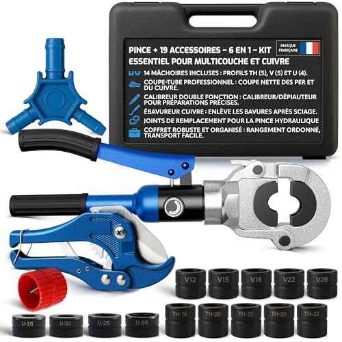 6-in-1 Multilayer & Copper Crimping Pliers Complete Kit - 14 TH/V/U Jaws + Tube Cutter, Calibrator & Deburrer - PER/Copper Plumbing Crimper with Heavy Duty Case