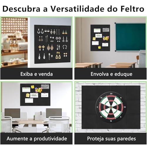 Quadro de Cortiça Feltro 120x90, GODREAM Quadro de Aviso, Mural de Recado Fotos Grande, Placa de Cortiça Autoadesivo, Organizador de Parede para Escritório, Casa, Escola, 12 peças (Preto)