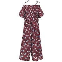 Smukke, Big Girls Floral Printed Smocking Detailed Off The Shoulder Short Sleeves Jumpsuits with Pockets (Many Options), 7-16 (Burgundy Multi, 8)