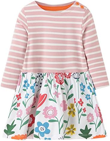 Girls Flower Casual Stripe Dresses, Cotton Cute Print Pattern Long Sleeve Princess Dress for Toddler(Flower3,4T)