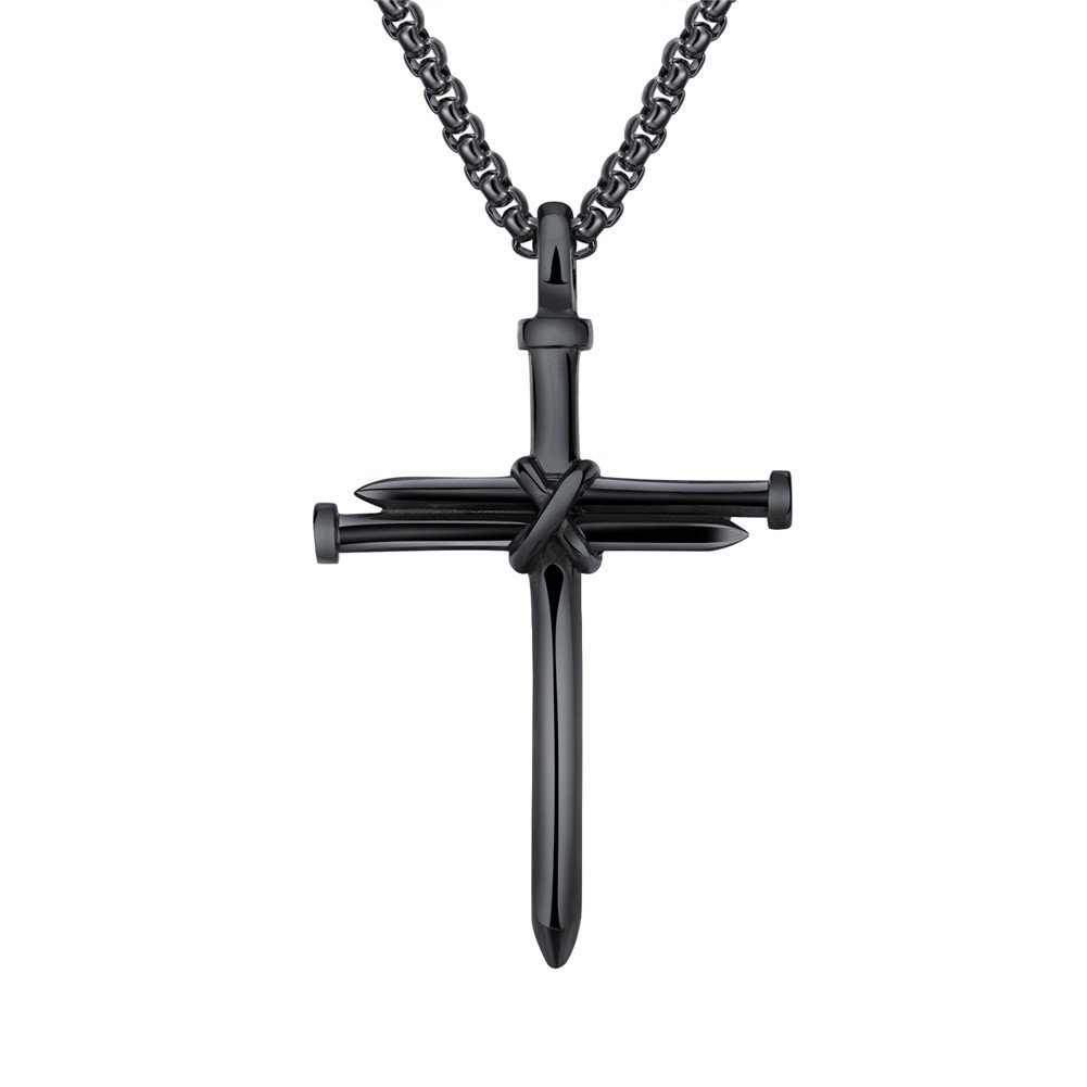 HIJONES Men's Stainless Steel Nail Cross Charm Pendant Necklace Chain, Polished Black — image 1