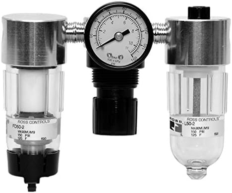Ross Controls C5332C2005 Miniature Series Filter Regulator Plus Lubricator, 2 (60) Metal Bowls, 5 µm Polyethylene Filter, Piston, 0-100 (0-6.9) psi, 0-160 (0-11) Gauge, Threaded Ports 1/4" BSPP