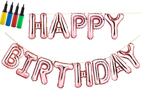 Rose Gold Happy Birthday Balloons, 16" Foil Balloon letters with Hand Air Pump for Birthday Occasion Party Decorations