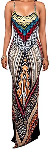 LAFASO Women's Spaghetti Strap Backless Bodycon Floral Aztec Print Maxi Dress S