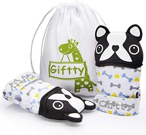 Giftty Teething Mitten Baby Teether Mitten Teething Glove Pain Relief Teething Toy, Prevent Scratches, Cute French Bulldog Collection, Unisex for 0-6 Months Baby (2-Mittens, 1 Travel Bag, Black)