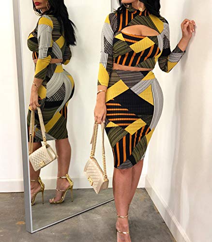 Women Two Piece Outfit - Long Sleeve Floral Crop Top Midi Skirt Set Dress Suit Party Clubwear Yellow XL
