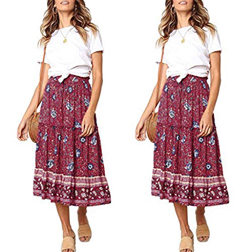 VICCKI Women's Bohemian Floral Printed Elastic Waist A Line Long Maxi Skirt Red