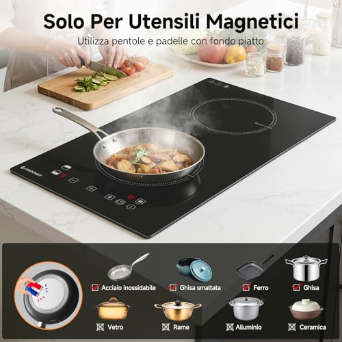 AMZCHEF 2 Burner Induction Plate with Continuous Heating, 10 Power Levels and Boost Function, Safety Lock and Timer, Overheat Protection, Built-in/Portable 3700W