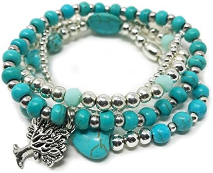 JADE POP - Women's Multicolored Beaded Stretch Stackable Chain Bracelet Set with Charm - Turquoise