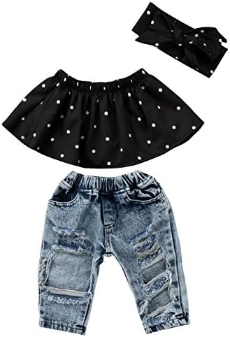 Newborn Baby Girls Polka Dots Off Shoulder Blouse Tops and Ripped Jeans Pants Outfit Set