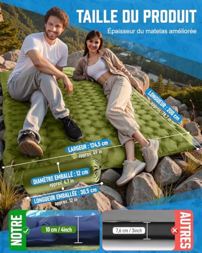 Hingue Matelas Gonflable 2 Personnes Camping, Matelas Camping 2 Personnes Autogonflant avec Pompe à Pied et Oreillers Intégrés, Matelas Trekking Imperméable Compact pour Tente,Randonnée- Vert Armée