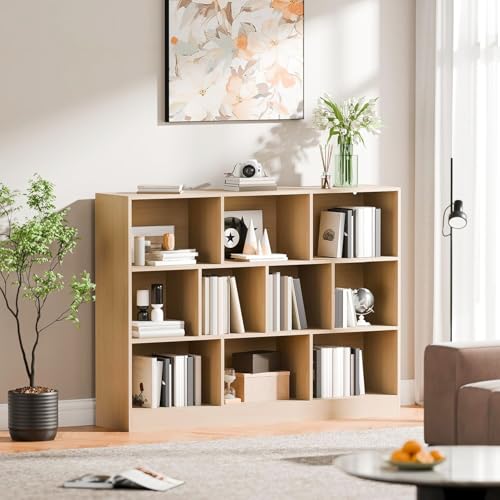 Librero de 10 Compartimentos, 3 Repisas Librero Organizador, Librería Cubby Sencilla Beige, Librería Vertical de Pie Para Exposición, Almacenaje, para Sala,Oficina,Dormitorio, 120*104*24 CM