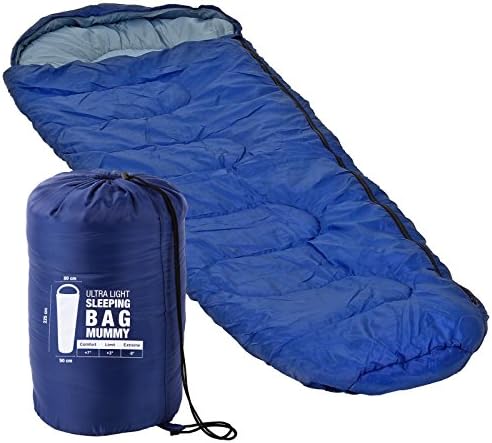Ultra Light Blue Mummy Sleeping Bag 225 x 80 x 50 Minus 8 °C for Camping, Tents and Outdoor