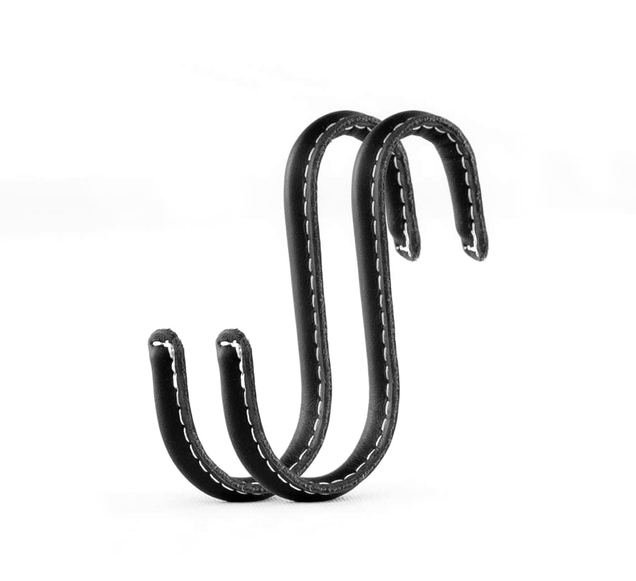Brute Strength - S Shaped Hooks Wrapped in Full Grain Leather - 2 pcs - Black - 10 cm Stainless Steel Metal Hangers Hanging Hooks for Kitchen, Work Shop, Bathroom