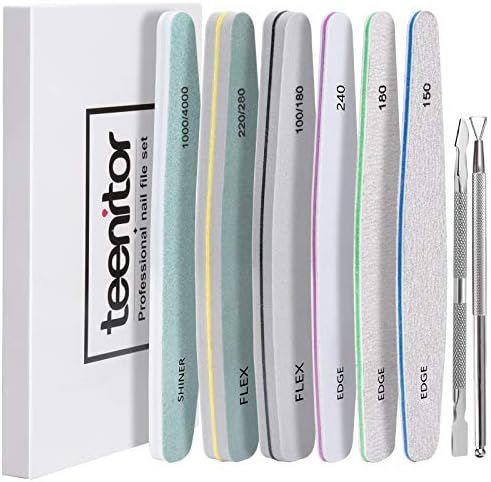 Teenitor Nail File Set for Gel Nails Acrylic File Sponge Buffer Nail Shiner Cuticle Pusher Nail File 150 180 240 100/180 200/280 1000/4000 Grit