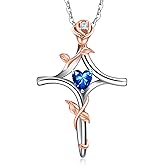 RIVIKO Rose Flower Cross Necklace for Women,925 Sterling Silver Birthstone Necklaces Heart Pendant,Cross Jewelry Anniversary Birthday Gifts for Women Wife Mom Lady