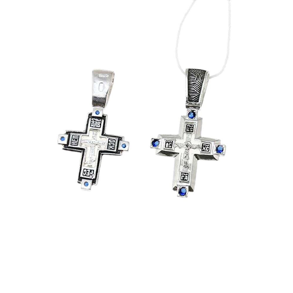 NKlaus Sterling Silver Crucifix Cross 925 Pendant Orthodox Russian 4 Blue Zirconia4651 Baptism