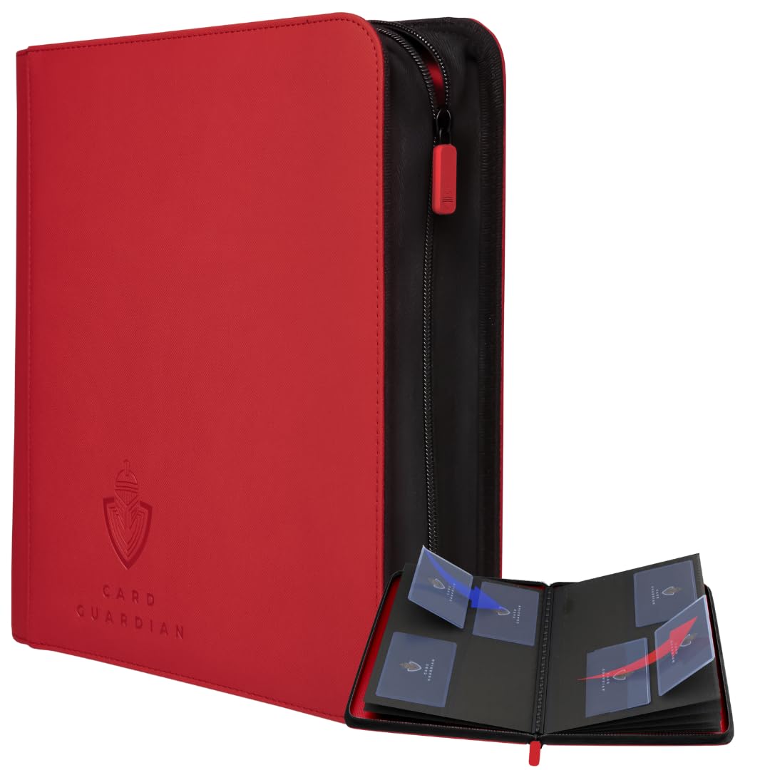 Card Guardian - Toploader 4 Pocket Premium Binder with Zipper for 160 Cards - Side Loaded Pockets - Compatible with Sports and Trading Cards TCG (Red)