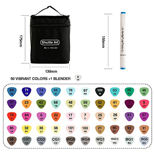 Shuttle Art 51 Colors Dual Tip Alcohol Based Art Markers, 50 Colors