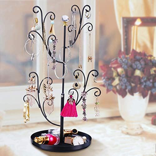 Keebofly Jewelry Organizer Tree Stand Earring Ring Organizer Display for Lover or Friend, Necklace Holder with Adjustable Ideal for Birthday Gift or Any Activities - Black