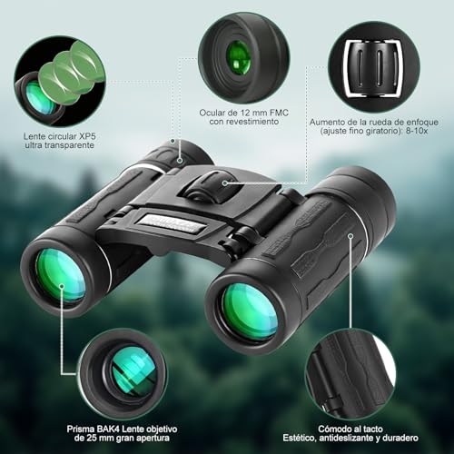 Binoculares Portátiles 500x25 (8X), Binoculares Plegables con Clip para Teléfono, Alcance 5000m, Película Verde y Prisma BAK4, Visión Nocturna, Impermeables, Camping, Conciertos, Excursiones