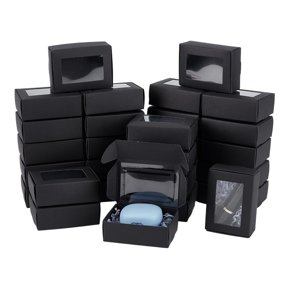 BENECREAT 30 Pack Kraft Paper Boxes with Clear Window 8.7x6.2x3cm Black Gift Packaging Boxes for Bakery Cookies Cake Candy Wedding Party Favors