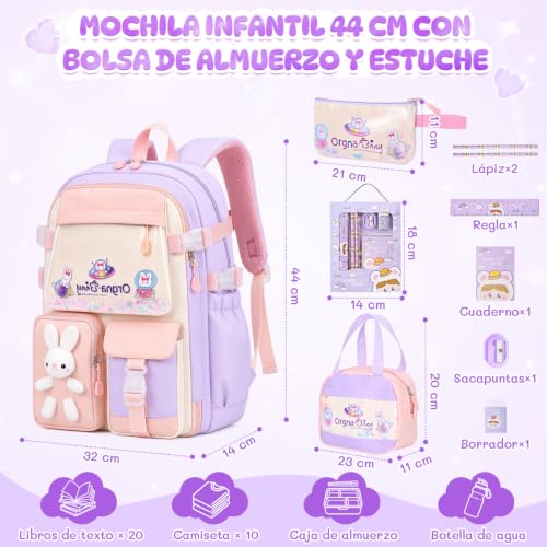 Nasjac Mochilas Escolares para Niñas de Primaria con Bolsa Térmica y Estuche, Mochila Escolar Infantil Gran Capacidad, Simpático conejito, Mochilas Multifuncional Informal Para Viajes, Escuela