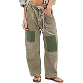 Mxiqqpltky Drawstring Barrel Jeans Women Vintage Patchwork Low Rise Baggy Denim Pants Y2K Wide Leg Boyfriend Jeans Streetwear