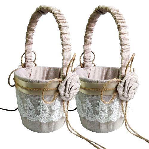 BETAULIFE Elegant Satin Bow Flower Girl Basket Ivory 2 pcs/Pack (14.5cm Jute)