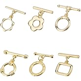 Beebeecraft 1 Box 12 Sets 6 Styles Toggle Jewelry Clasps Real 18K Gold Plated T Bar Clasp Necklace Round Flower Shape IQ Jewelry Fastener Connectors Buckle for Jewelry Making Finding Bracelet Necklace