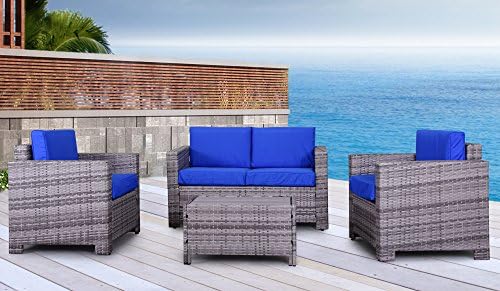 The Eden Rock Collection - 4 Pc Outdoor Rattan Wicker Sofa Sectional Patio Furniture Set. Choice of Set &amp; Cushion Color (Mixed Grey / Dazzling Blue Cushions)