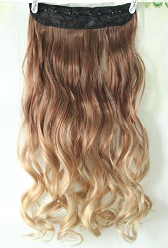 20 Inches Full Head Ombre Dip Dyed Straight Loose Curls Wavy Curly Clip-in Hair Extensions One Piece &amp; 6pcs Pack (20" Curly One Piece, light brown to sandy blonde)