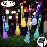 Solar String Lights 8 Lighting Modes 29 Feet 50 LED Water Drop Decorative Lights String Waterproof Outdoor Garden Fairy Lights for Garden, Patio, Yard, Home, Parties, Multi Color