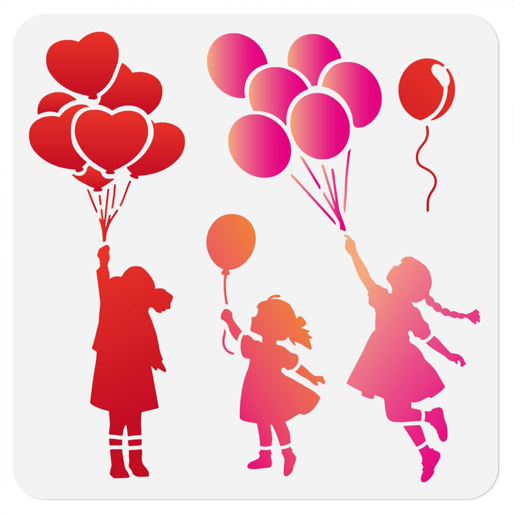 Photo 1 of DOODLREAM 3 Styles Flying Balloon Girl Stencil for Painting, 11.8" x 11.8" Reusable Banksy Graffiti Stencil Drawing Template, DIY Craft Paint Template for Wall Home Decor Wood Burning Journal Fabric
