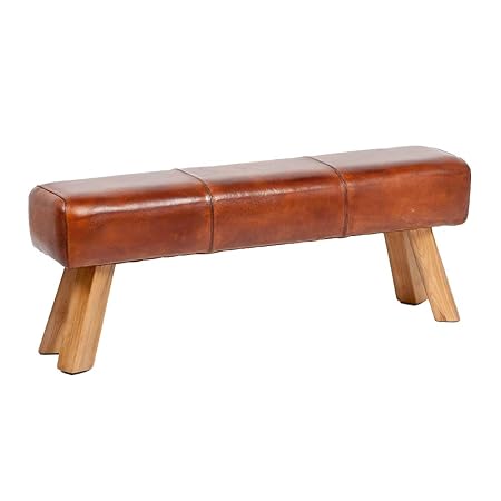 LEBENSwohnART Leder Bank Maxi-L Cognac ca. L120cm Teak Echtleder Lederbank Sitzbank Turnbock
